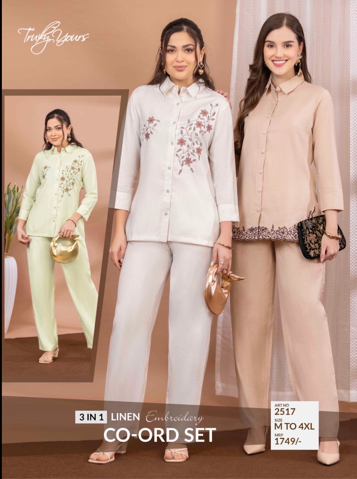 TY#2517 3 IN 1 LINEN EMBROIDERY CO-ORD SET