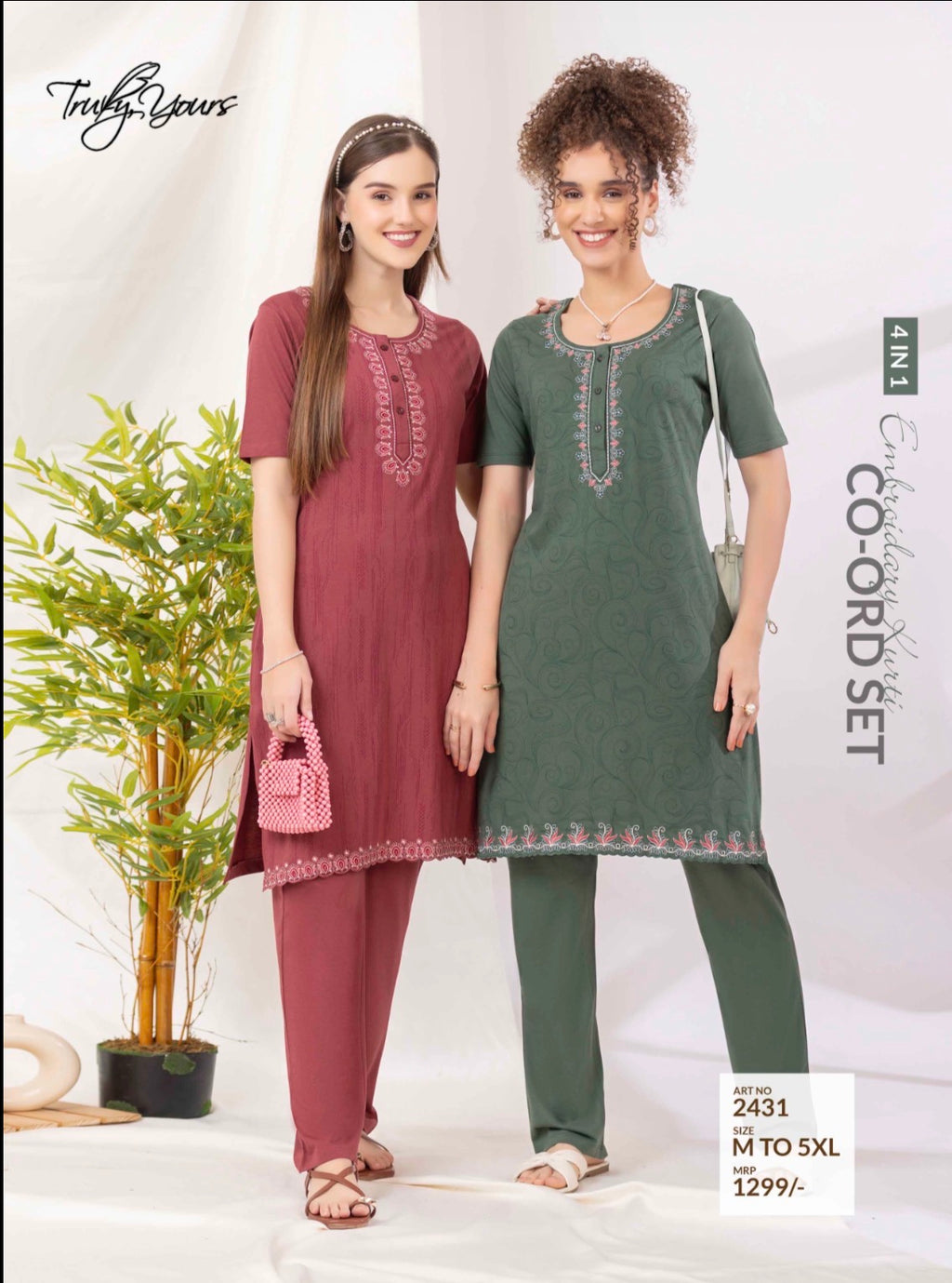 TY#2431 4 IN1 EMBROIDERY KURTI CO-ORD SET