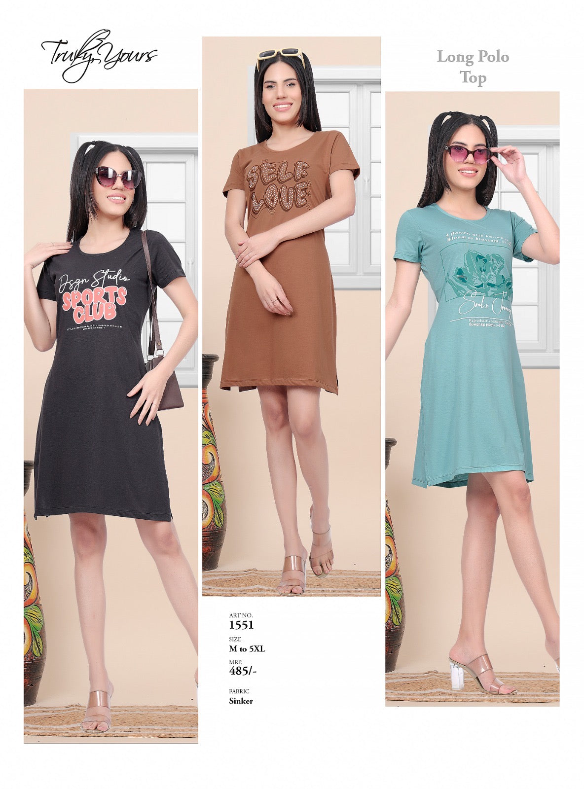 TY#1551 6 IN 1 LONG POLO TOP