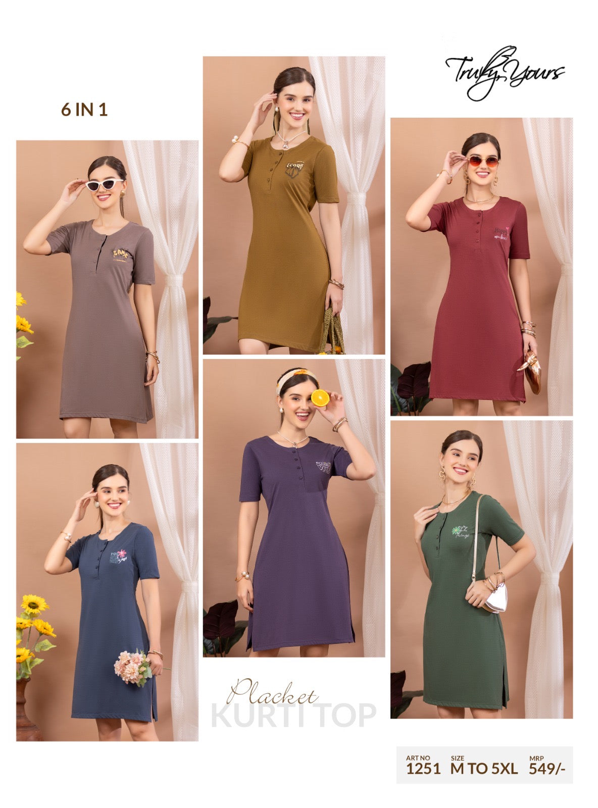 TY#1251 6 IN 1 PLACKET KURTI TOP