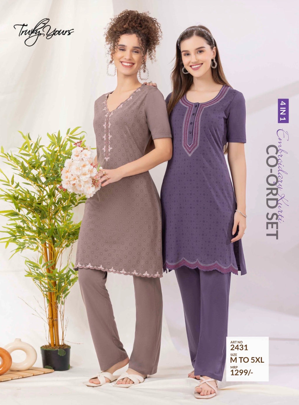 TY#2431 4 IN1 EMBROIDERY KURTI CO-ORD SET