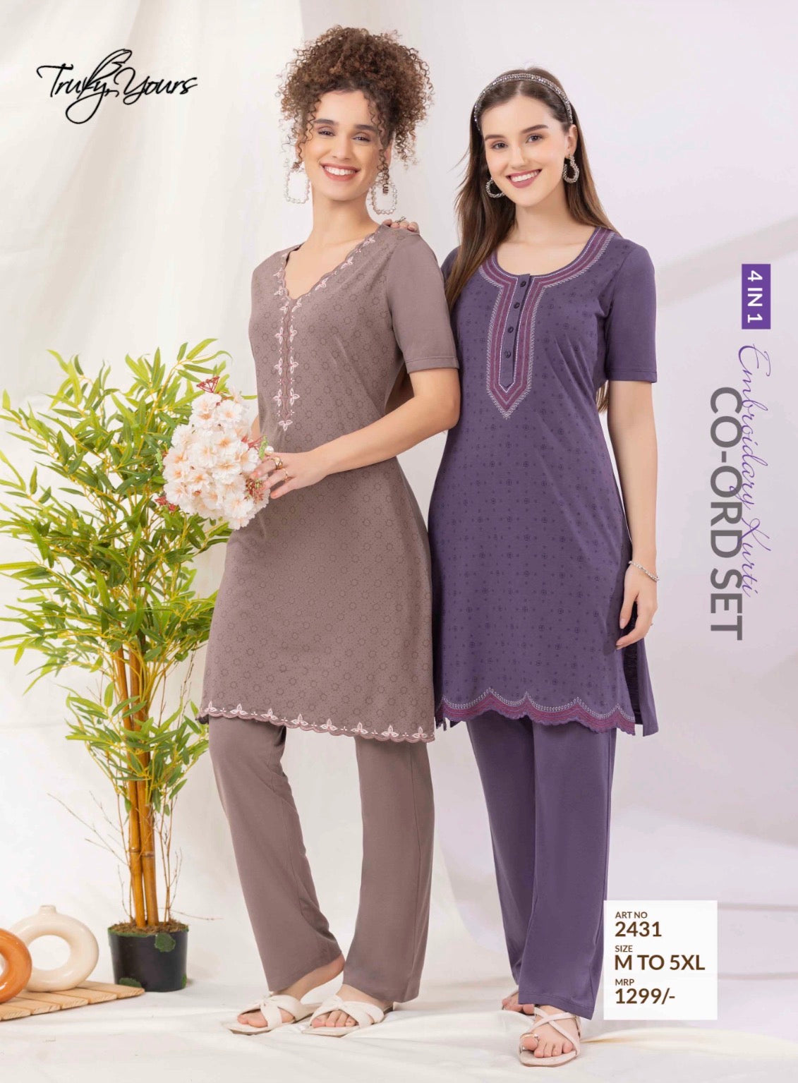 TY#2431 4 IN1 EMBROIDERY KURTI CO-ORD SET